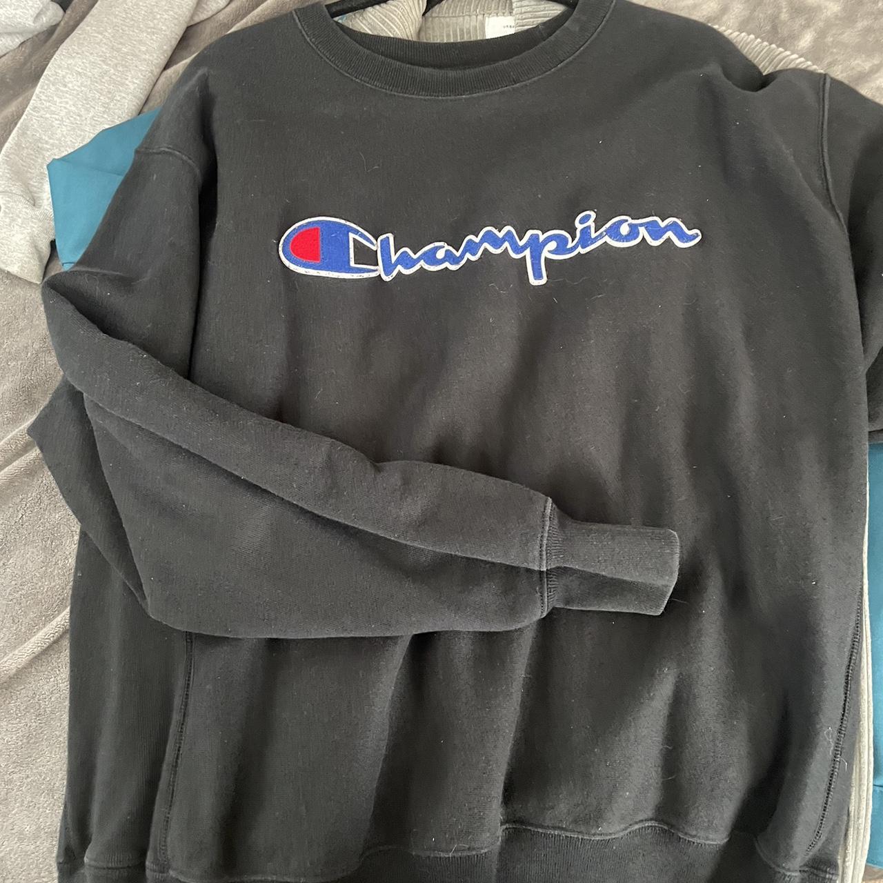 Champion Men's Black and White Sweatshirt | Depop