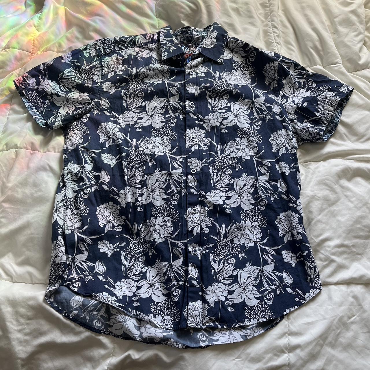 blue & white Hawaiian button up top Shirt - size... - Depop