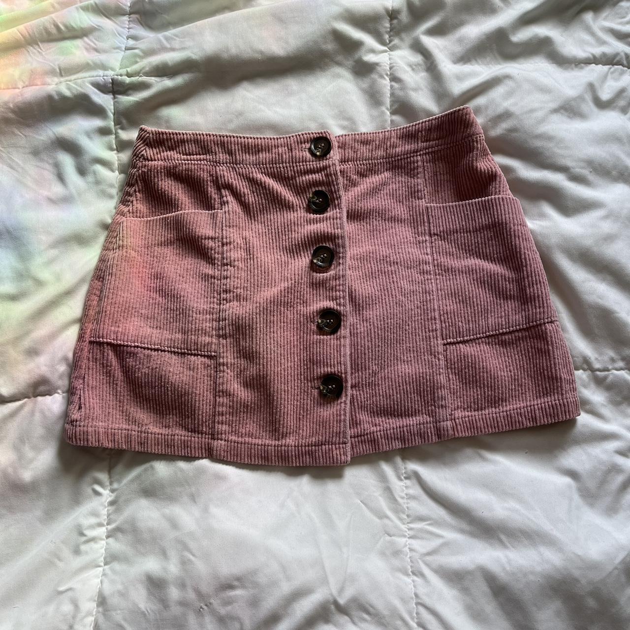 pink corduroy velvet button up mini skirt - size... - Depop