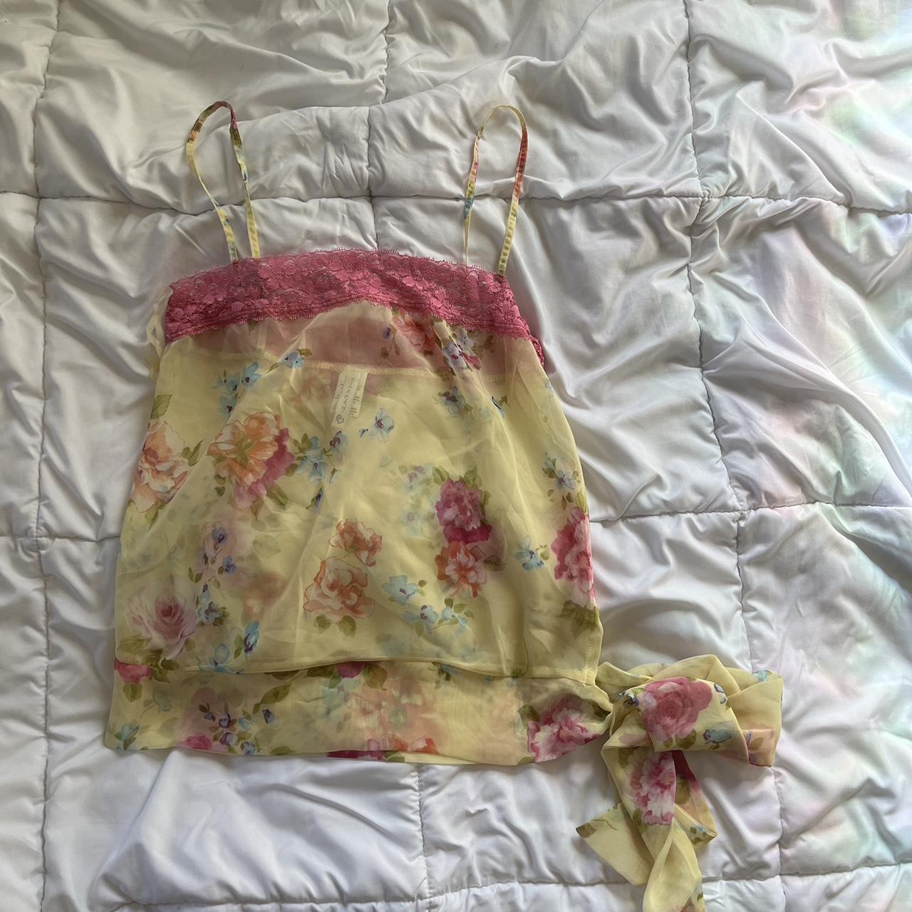 vintage mesh indie floral yellow and pink top -... - Depop