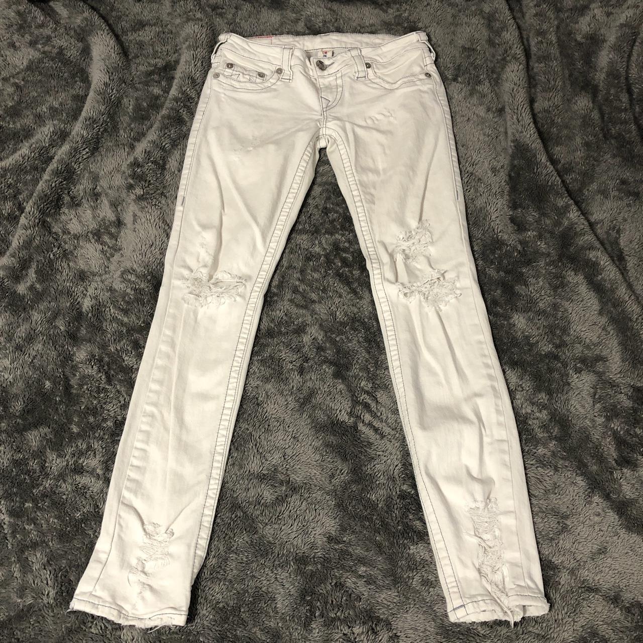 True Religion Women's Grey and White Jeans Depop