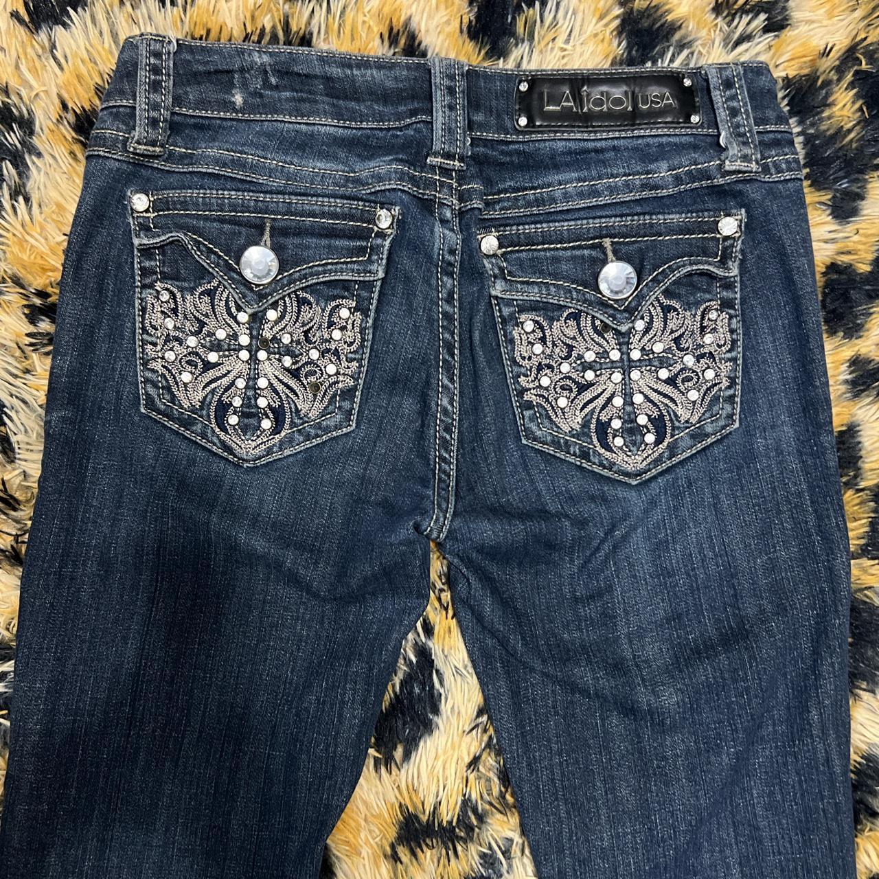 coolest rhinestone cross jeans low rise skinny... - Depop