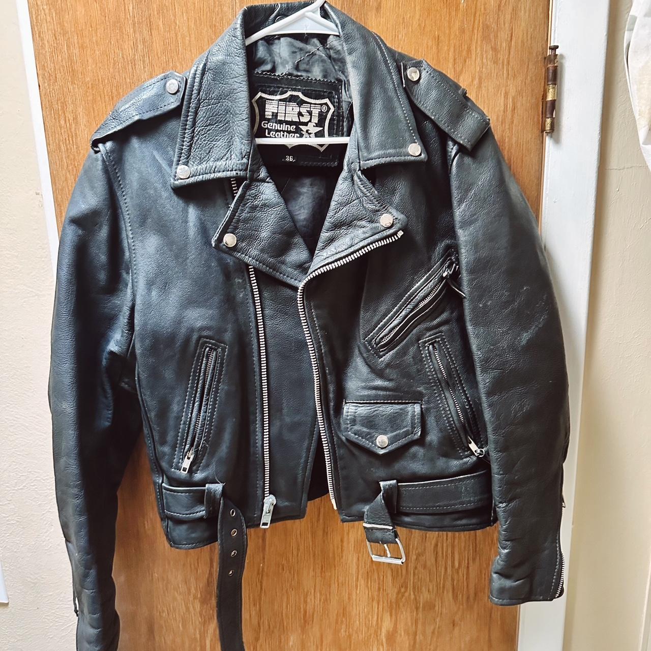 genuine leather jacket - stiff hefty material -... - Depop