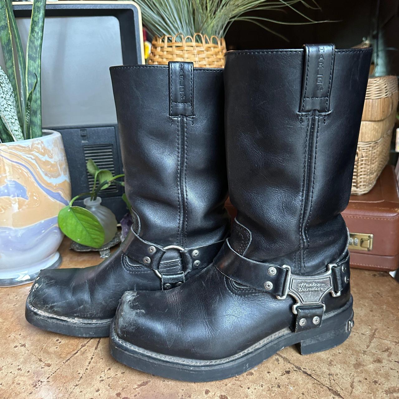 90s/00s Black Leather “Harley Davidson” Boots... - Depop