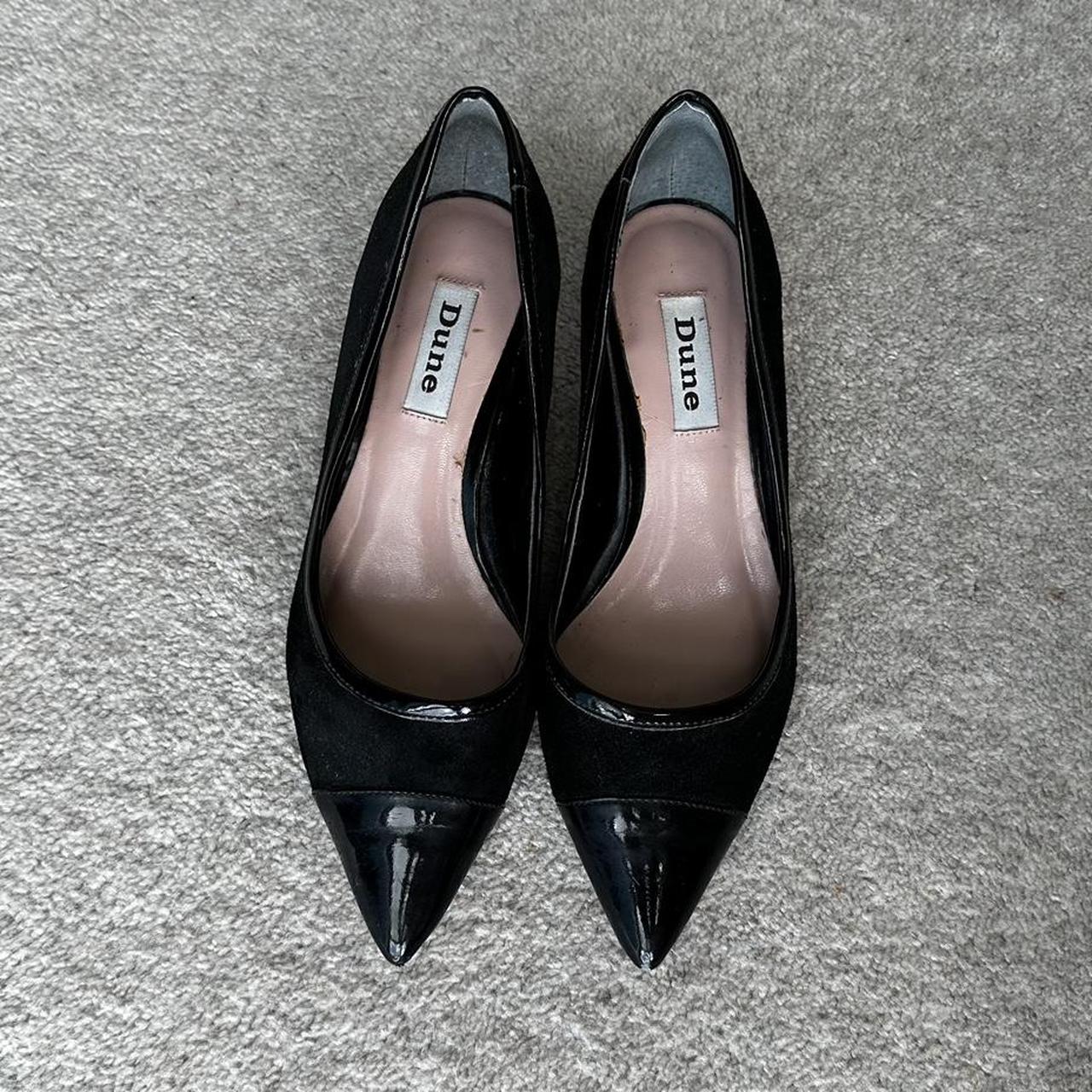 Black suede Dune court shoes with kitten heels