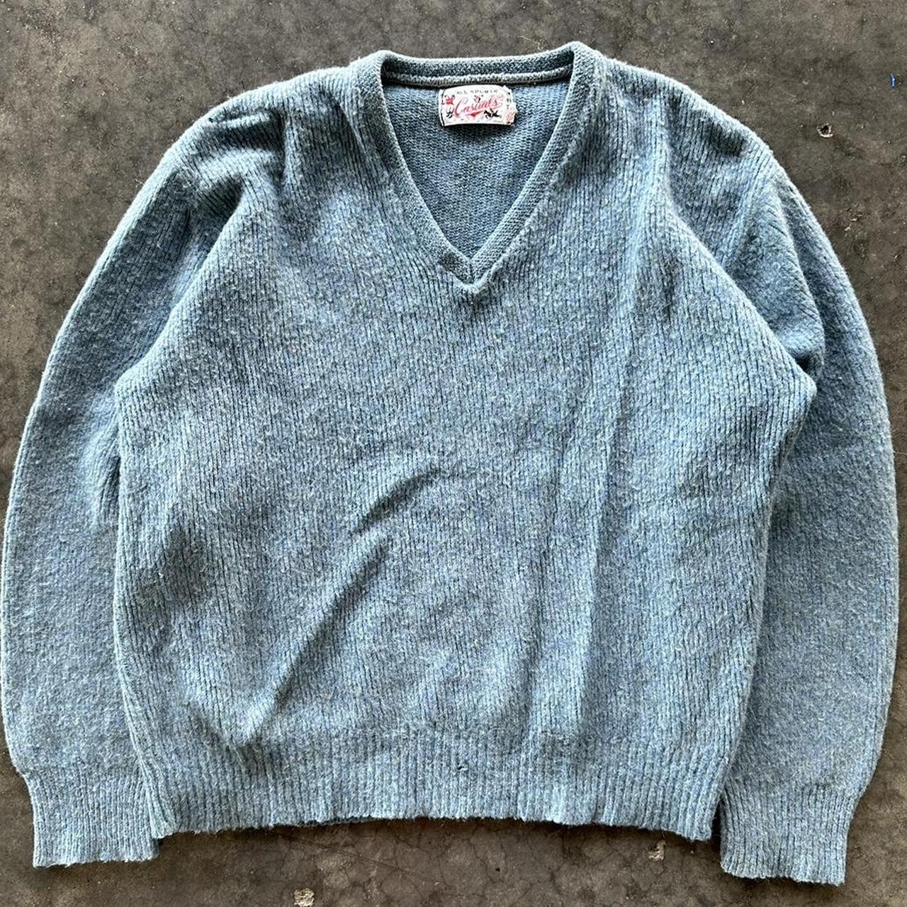 Vintage 1970s newest Highland V Neck Blue Wool Sweater Pullover Mens Large B2010