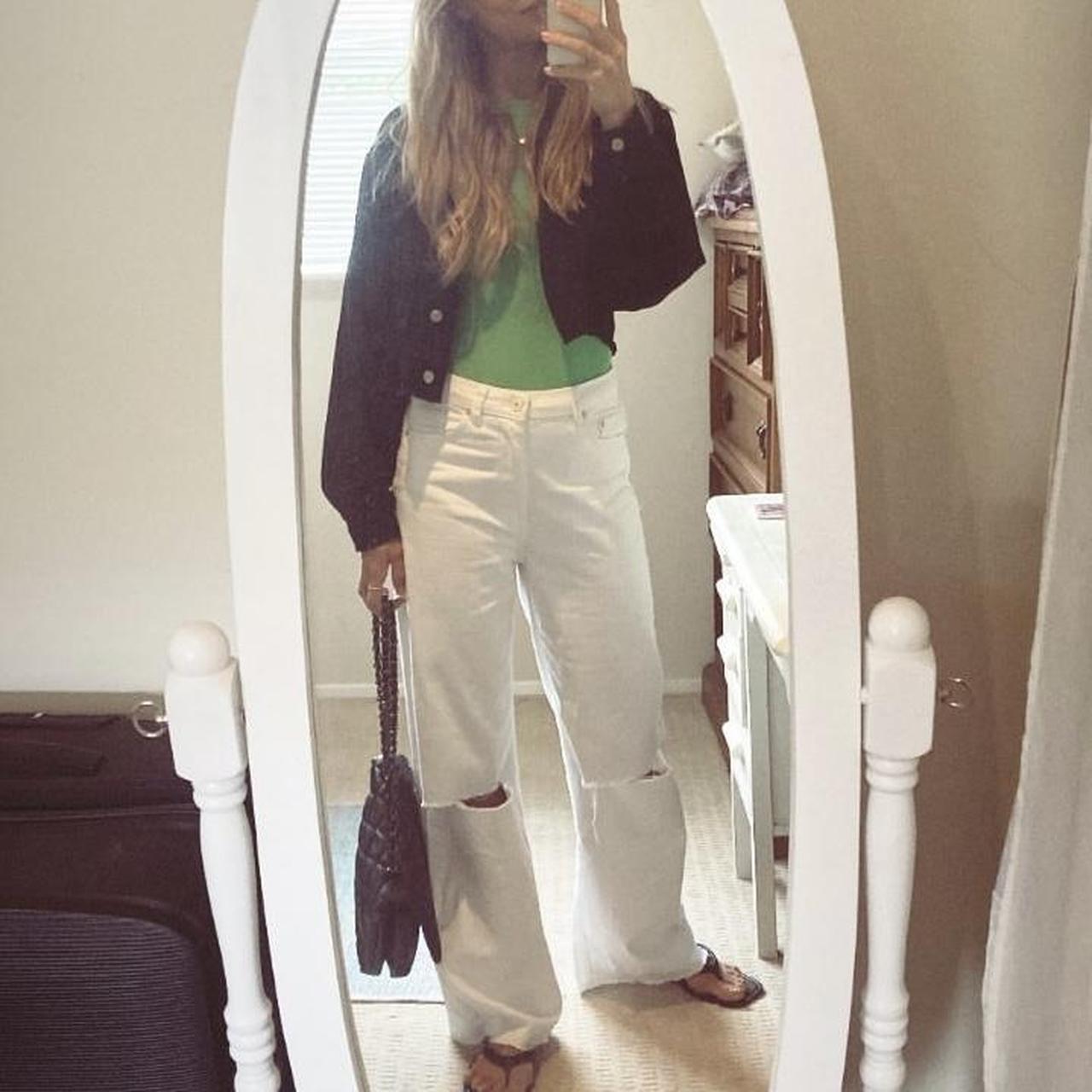 Bershka white distressed ripped jeans size 12 wild... - Depop