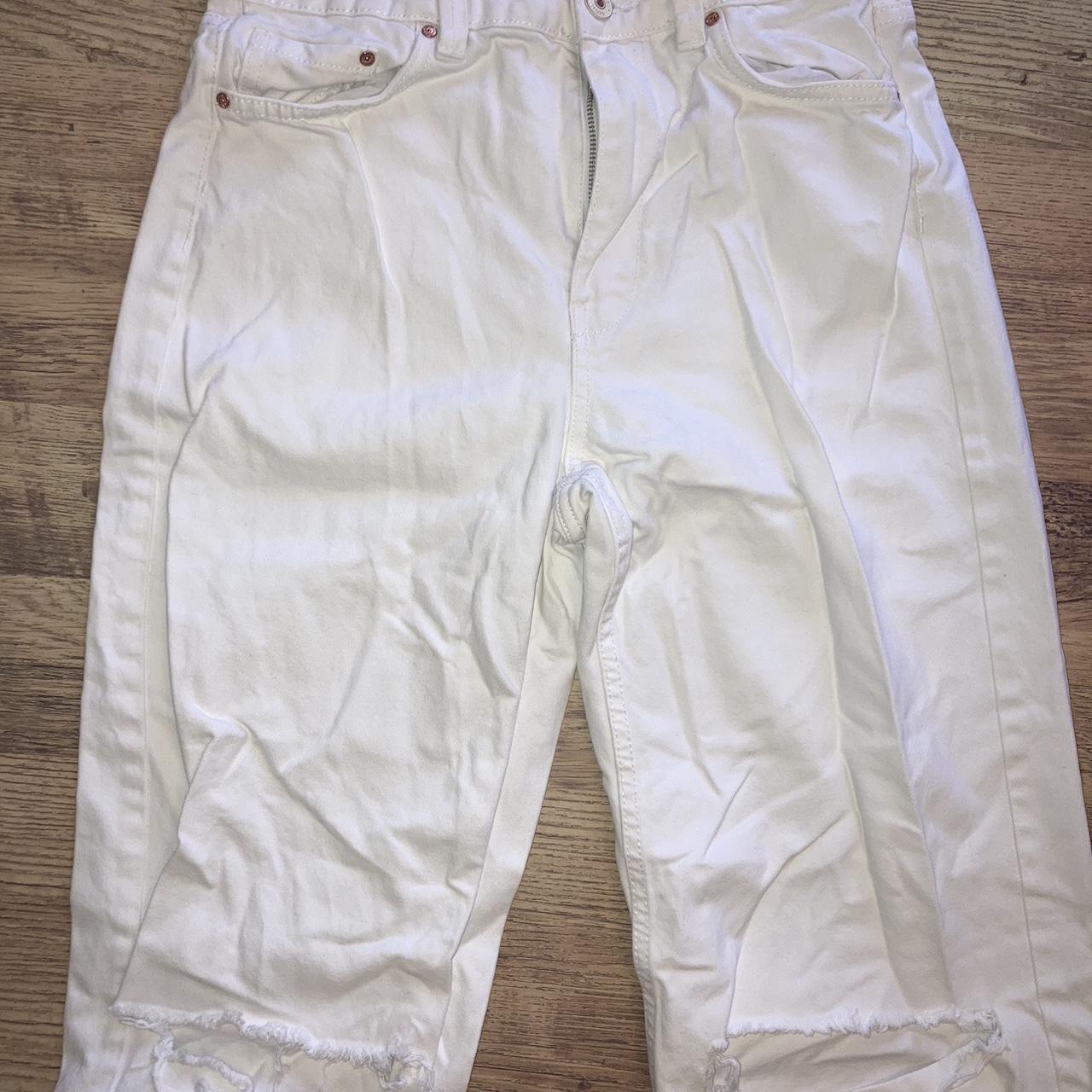 Bershka white distressed ripped jeans size 12 wild... - Depop
