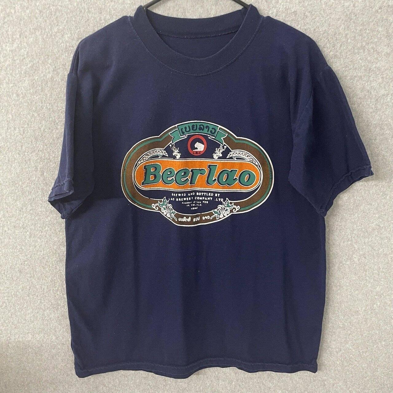 Vintage 80s Beerlao Laos Blue Short Sleeve T-Shirt... - Depop