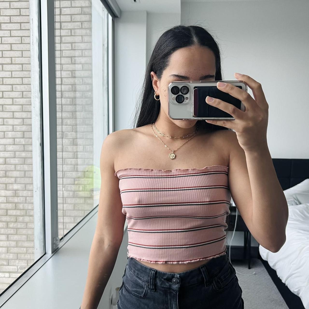 ribbed stripped tube top - medium fit - rose pink... - Depop