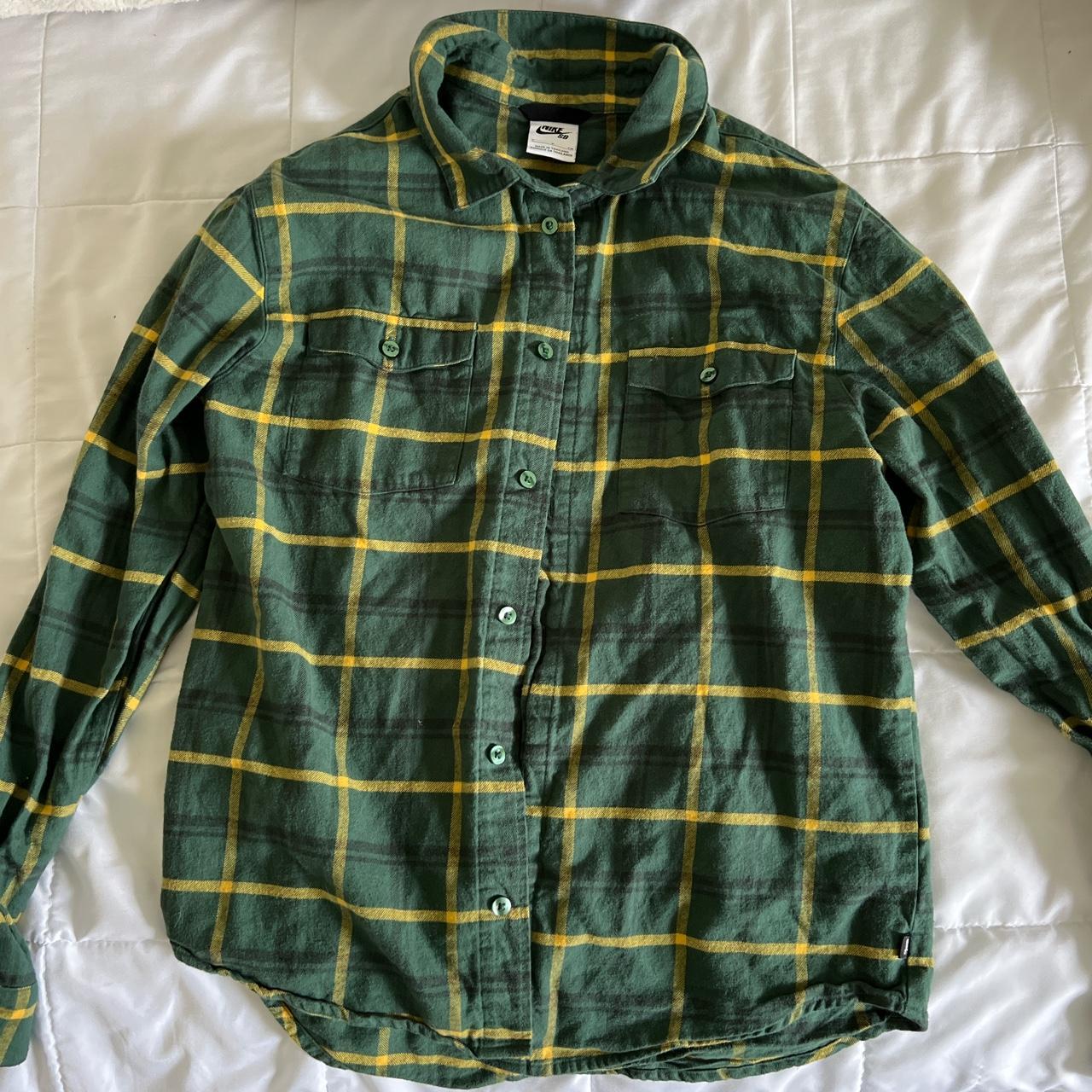 nike sb green & yellow skate flannel good... - Depop