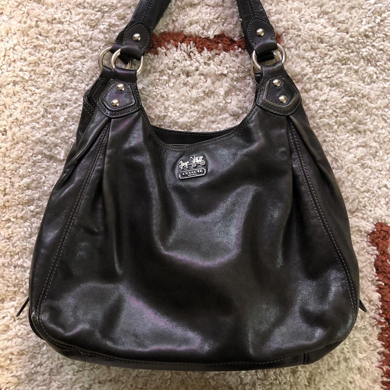 Vintage black leather Coach bag with purple interior... - Depop