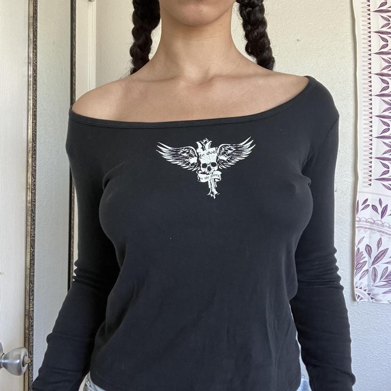 Off the shoulder black top with skull print. Brandy... Depop