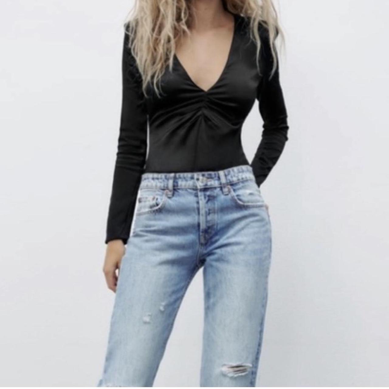 NWT Zara Ruched Satin Effect Bodysuit Black SIZE LARGE Depop