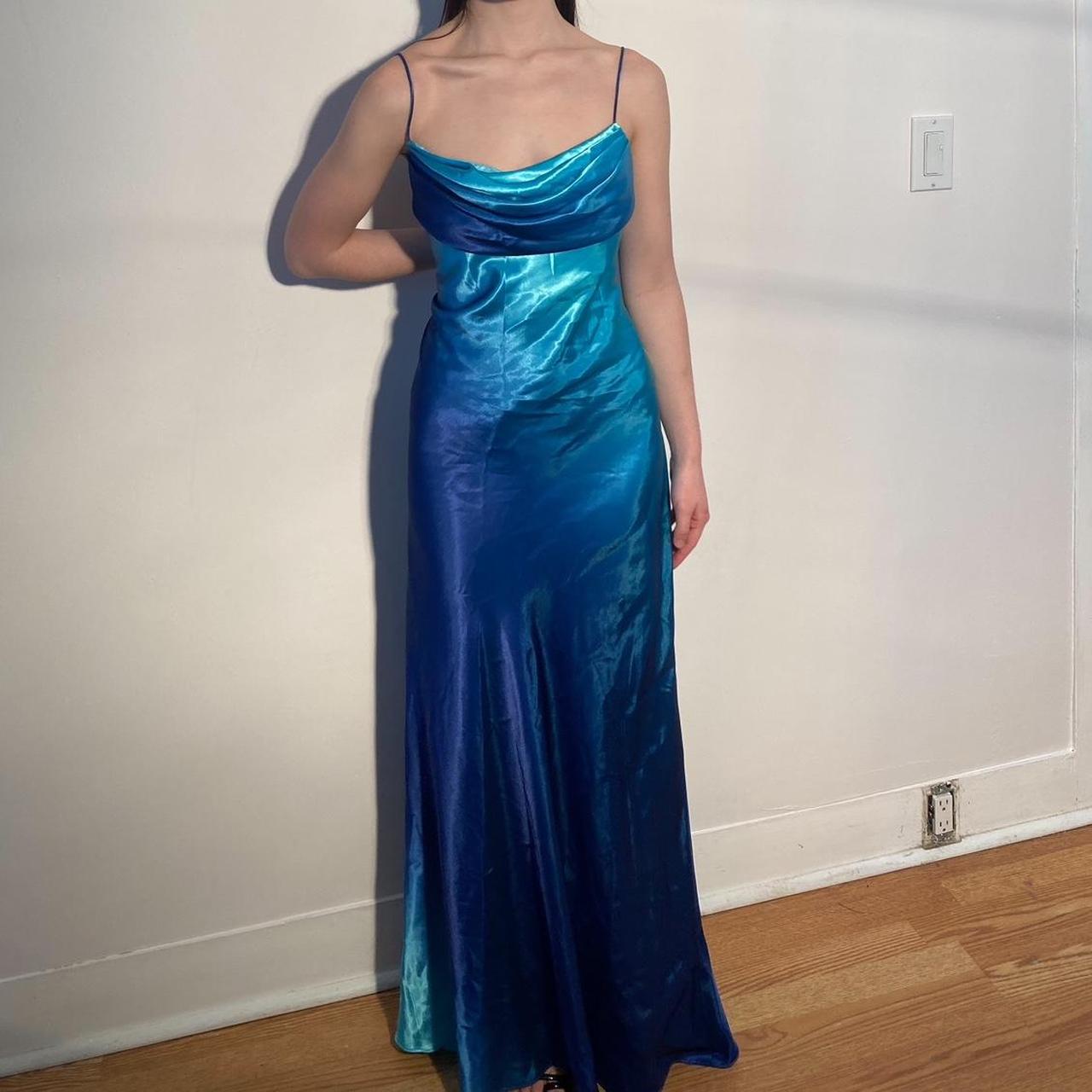 Vintage blue ombre satin prom dress gown Blue shiny... - Depop