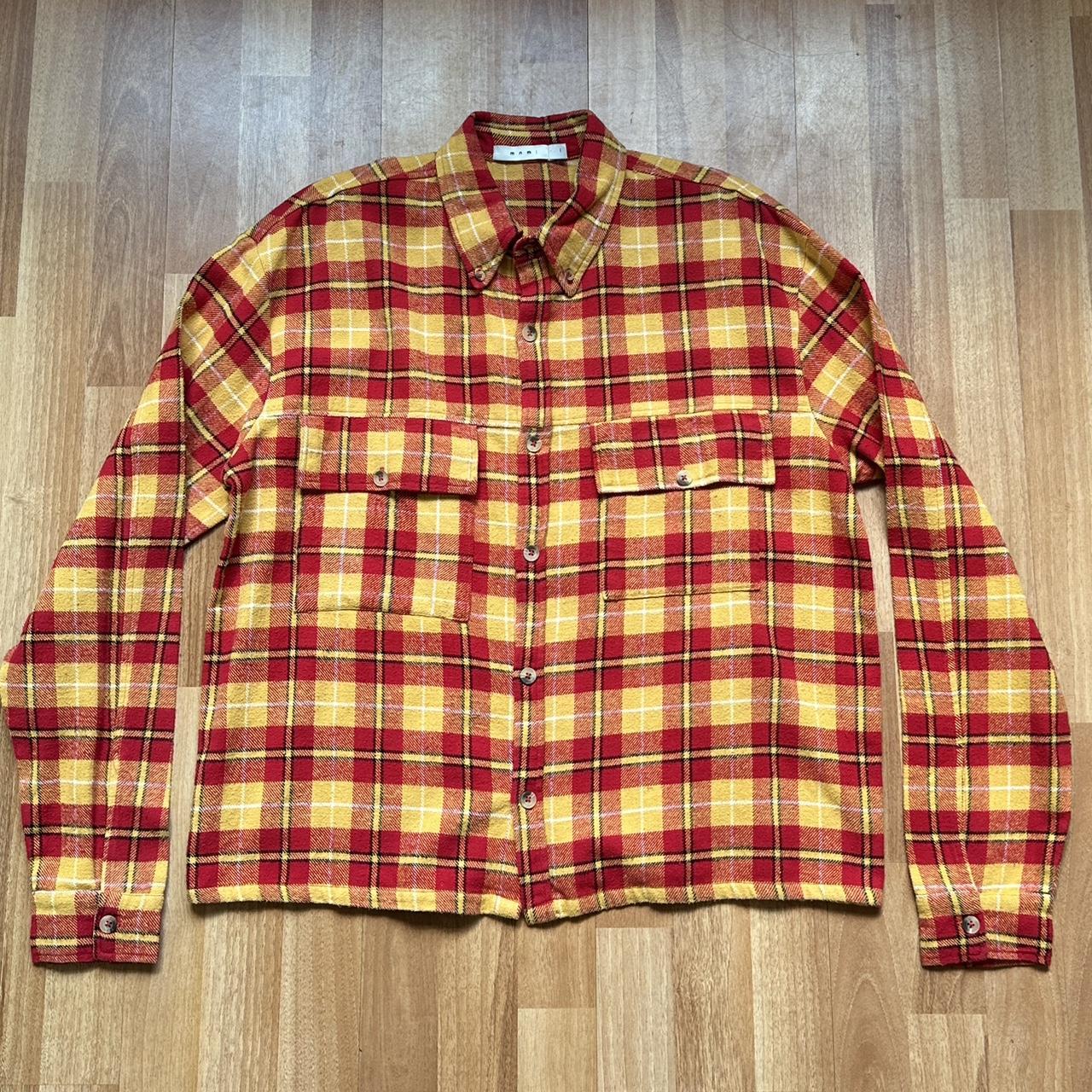MNML Relaxed Cargo Flannel Shirt - Yellow/Red Size- | Depop