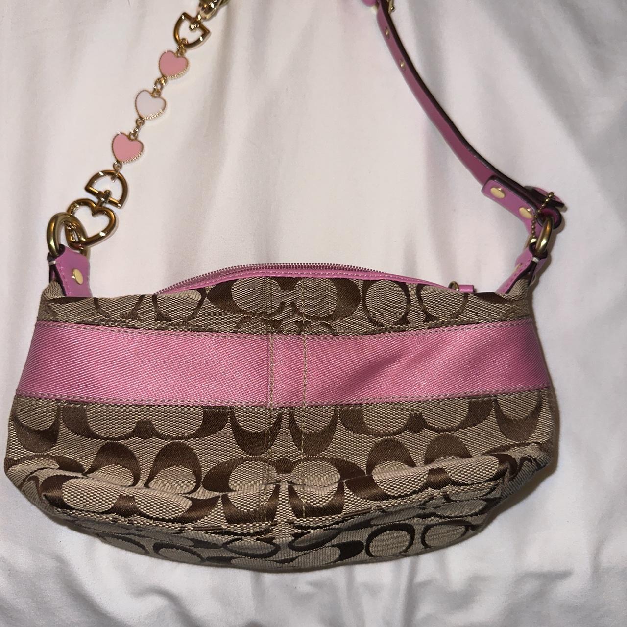 Dark brown coach handbag. Bag has pink strap & pink - Depop