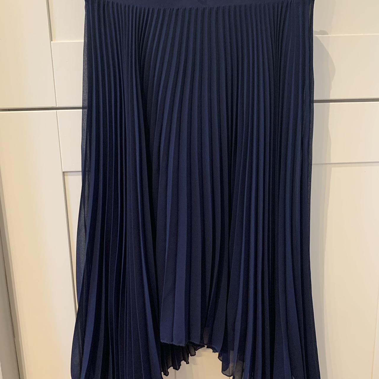 Marks And Spencer Navy Blue Pleated Midi Skirt Size... - Depop