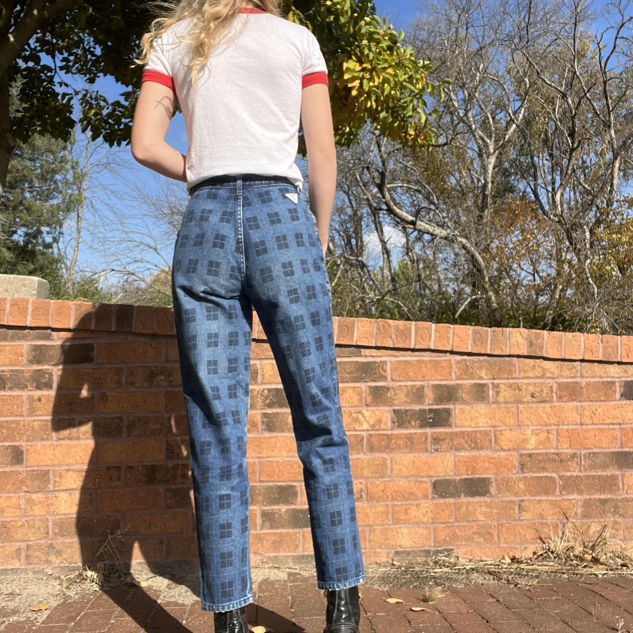 80s vintage blue checkered jeans Navy detailed | Depop