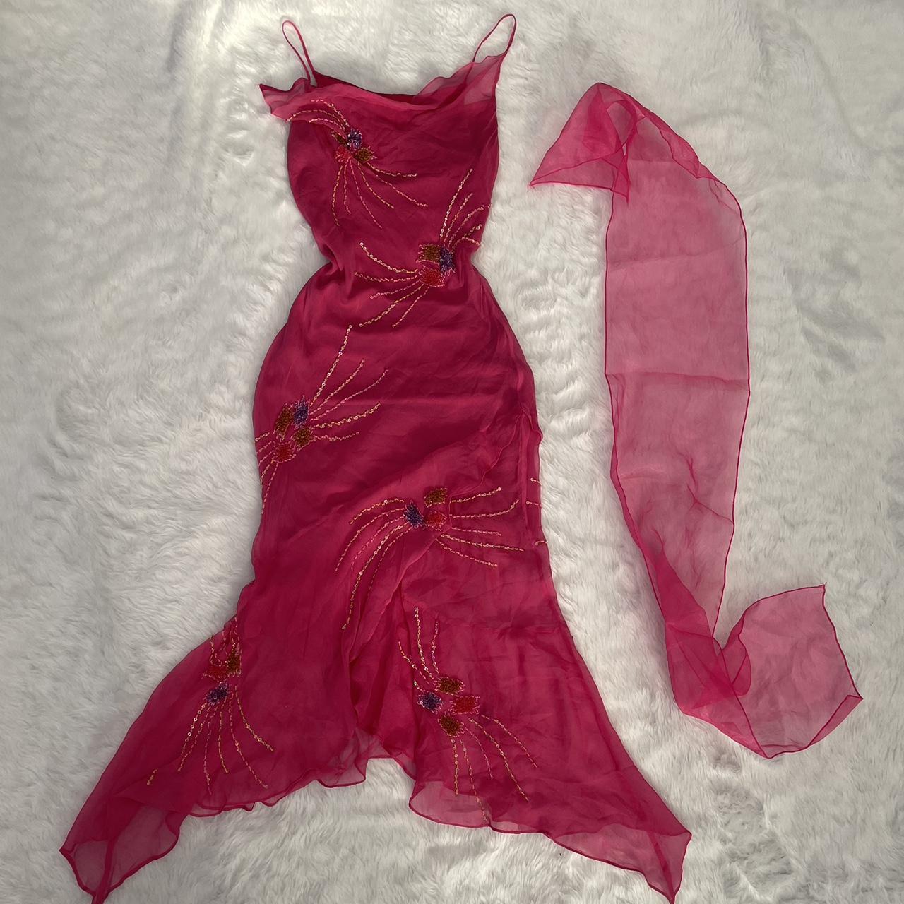 Vintage pink embroidered beaded evening dress with... - Depop