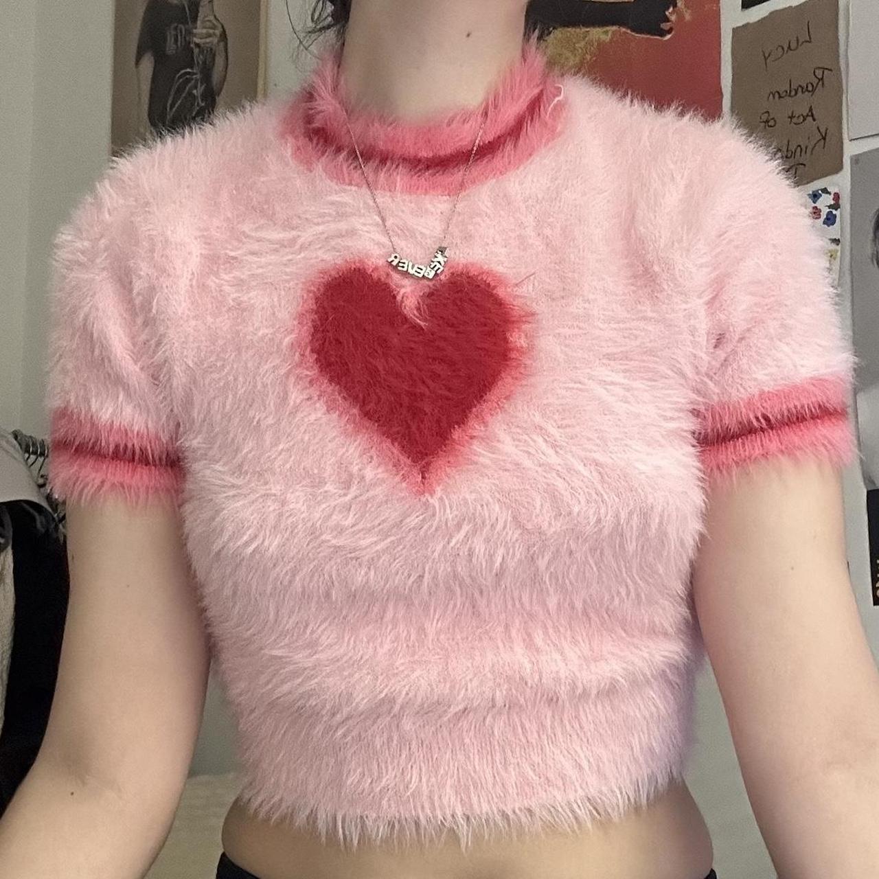 Pink and red heart fuzzy crop top #urbanoutfitters | Depop