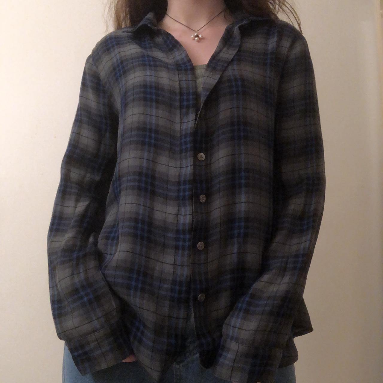 Dark grey and blue flannel button up top - Depop