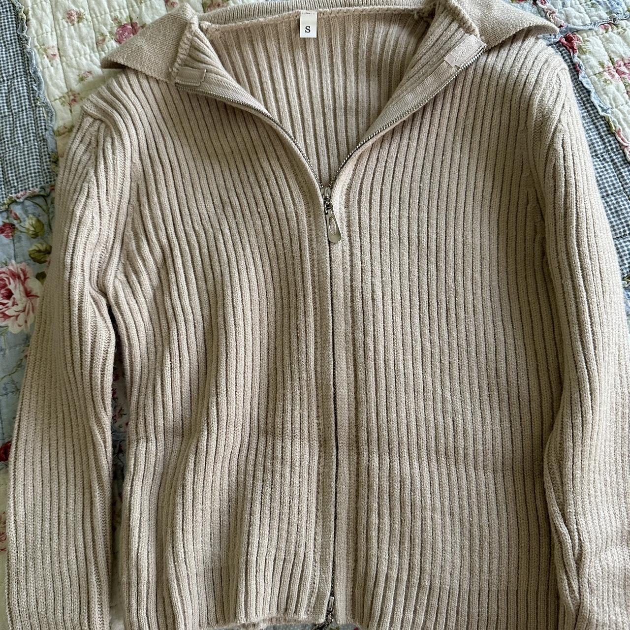 Beige/tan double zippered sweater -Size S -Ribbed... - Depop