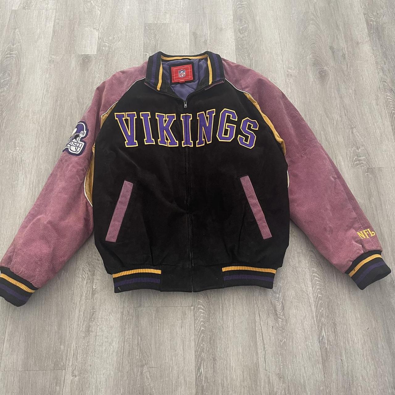 Vintage Minnesota Vikings leather jacket in black. - Depop