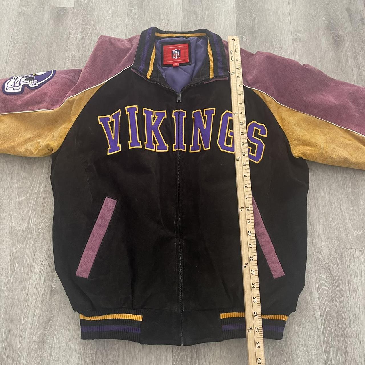 Vintage Minnesota Vikings leather jacket in black. - Depop