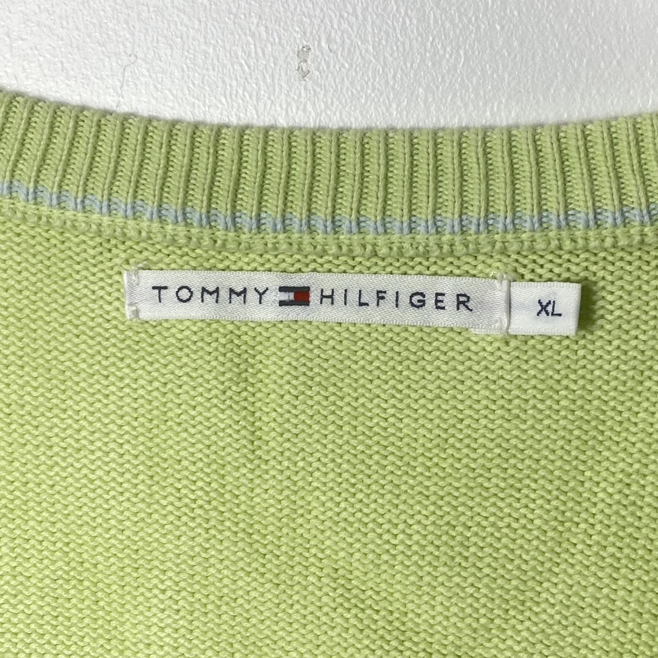 Tommy Hilfiger Jumper Green v neck with logo on... - Depop