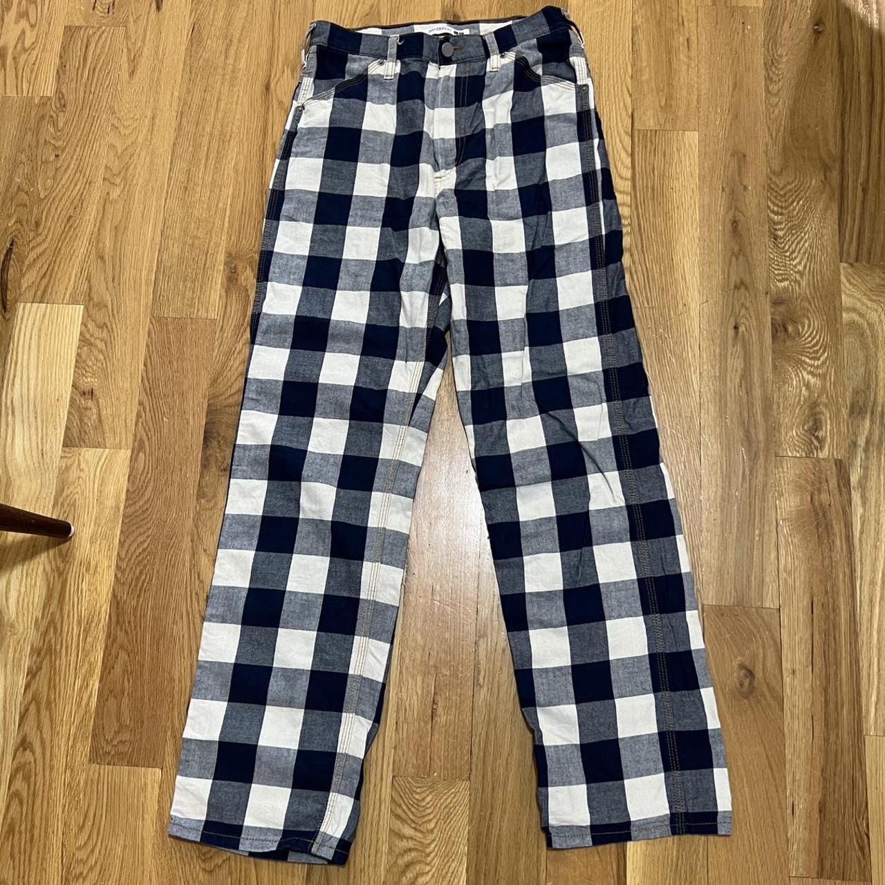 JW Anderson Women's Navy and White Trousers | Depop