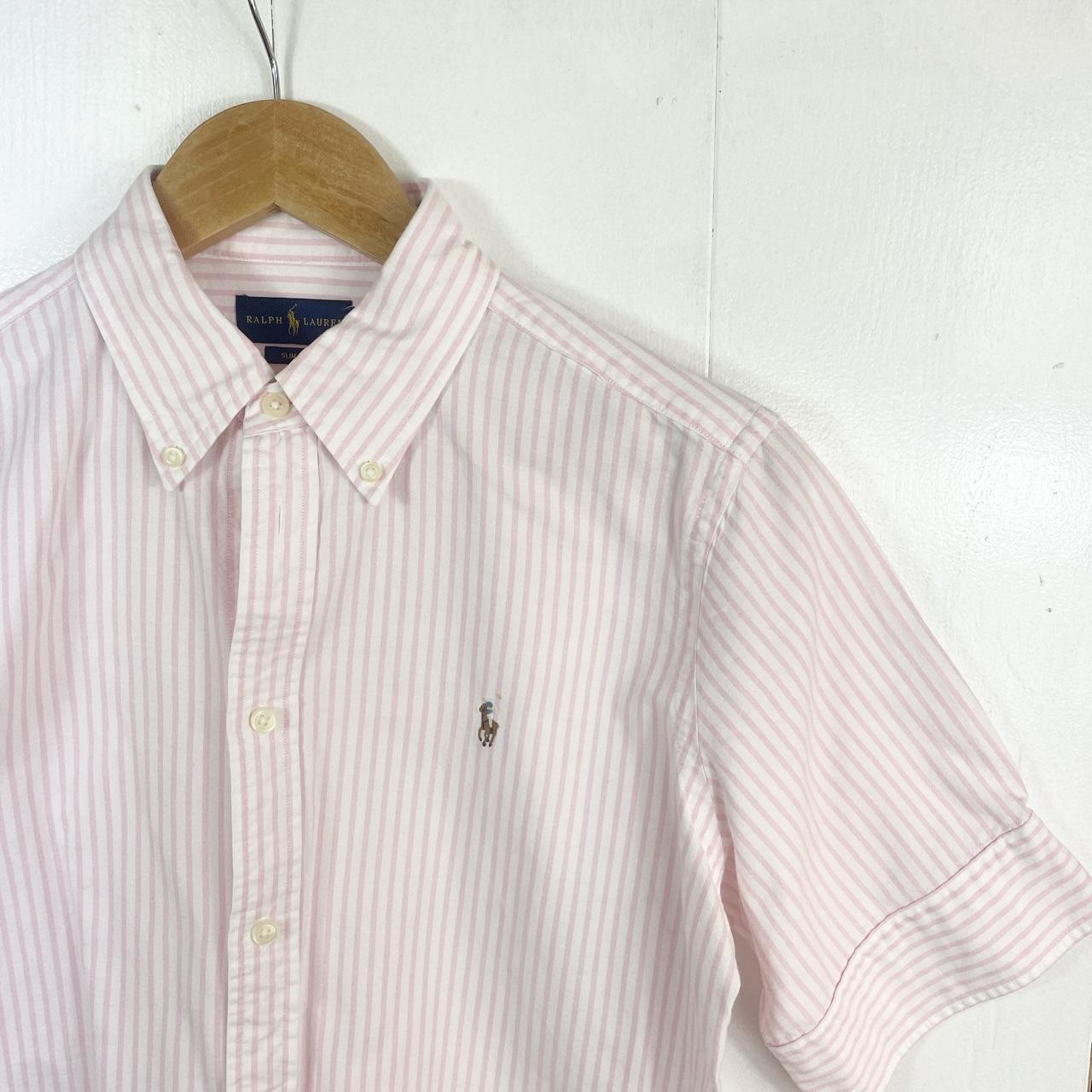 Ralph Lauren pinstripe short sleeve shirt in pink... - Depop