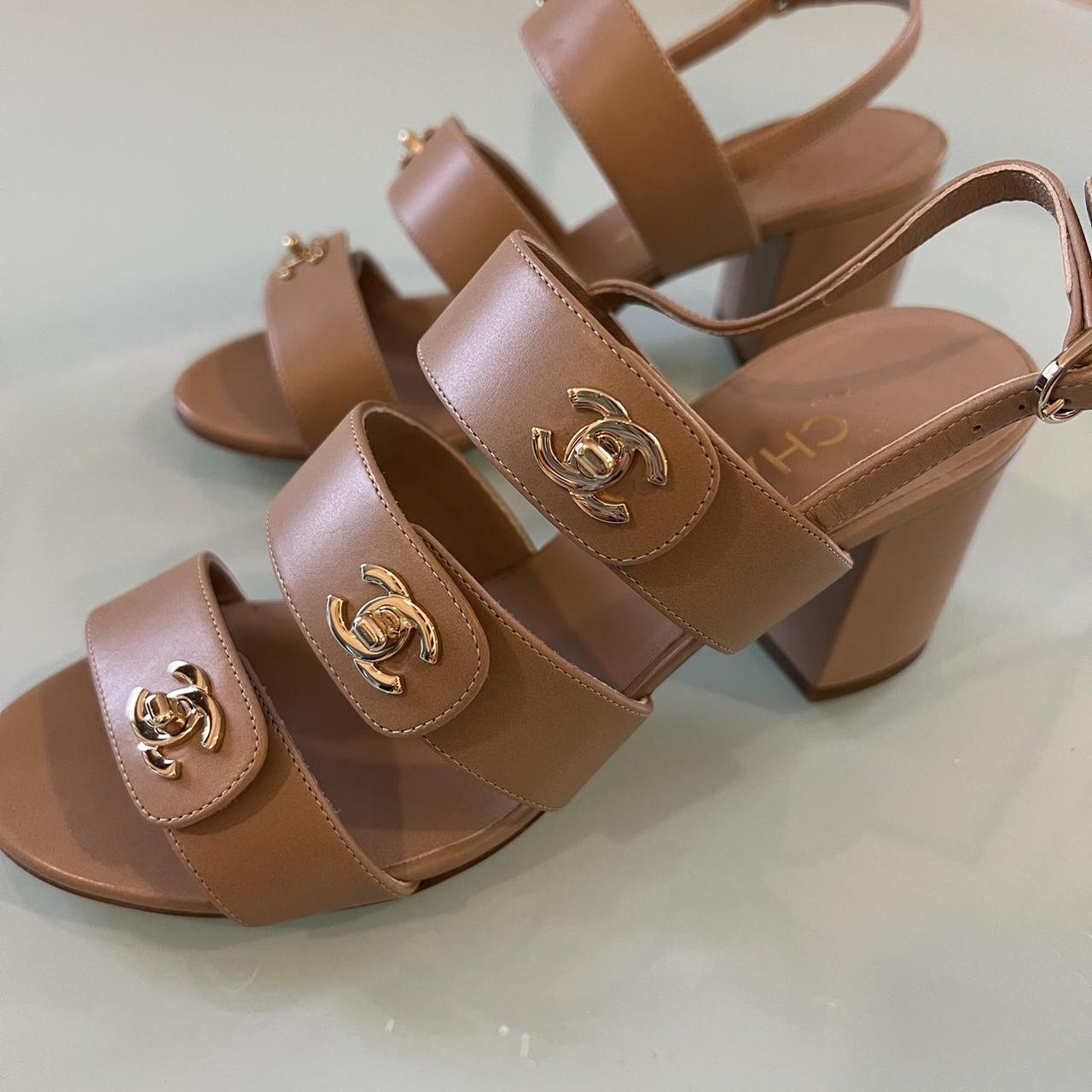 Chanel leather strap heeled sandals size 37.5... Depop