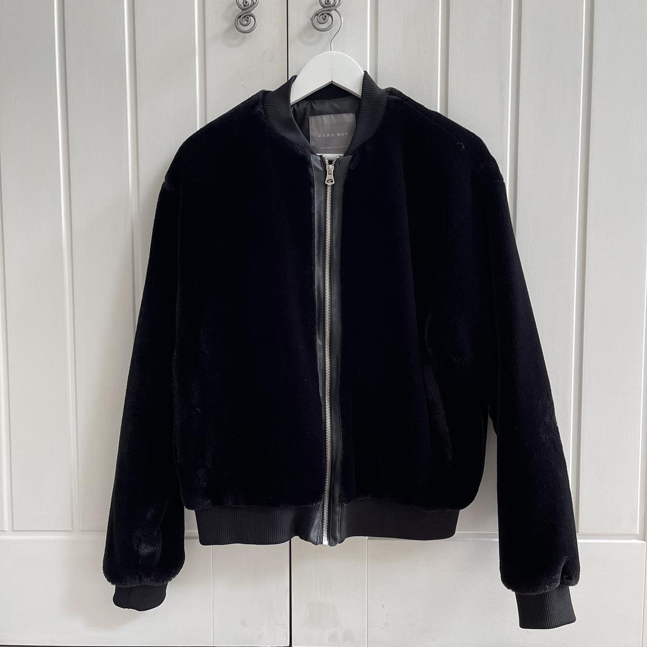 Zara Man Velour Fur Black Bomber Jacket Size medium... - Depop