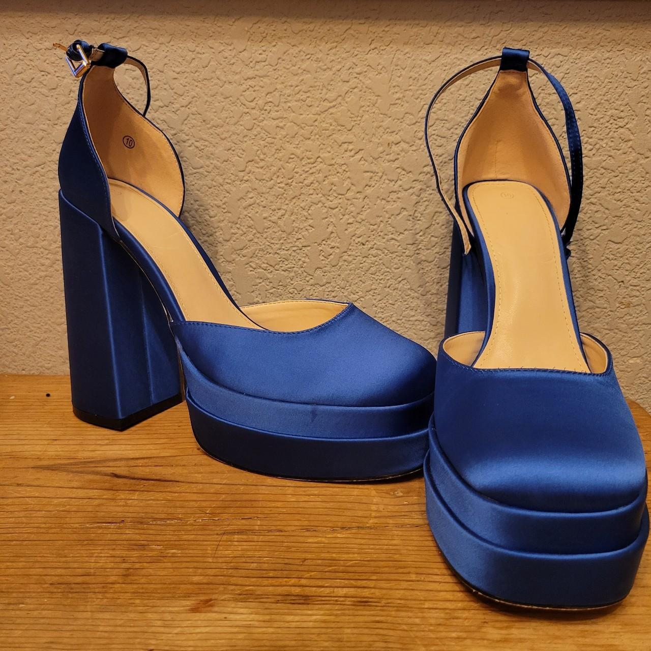 Satin blue platform close toed sandals - Depop