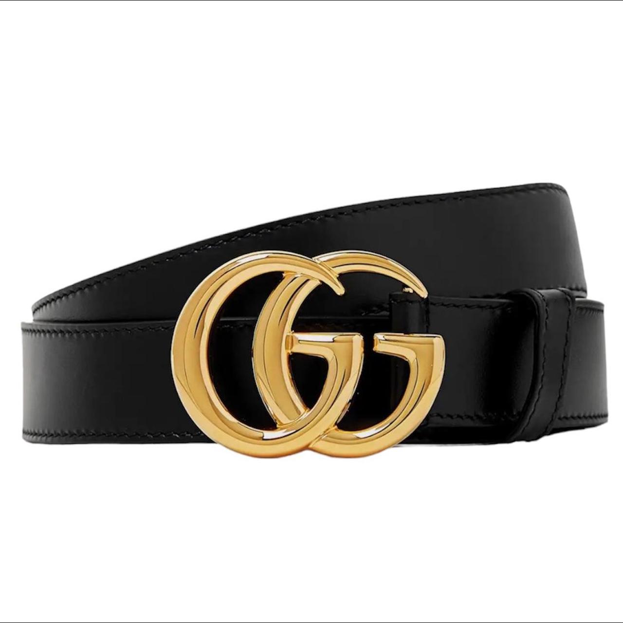 Gucci Black and Gold GG Marmont Wide Leather Belt... - Depop