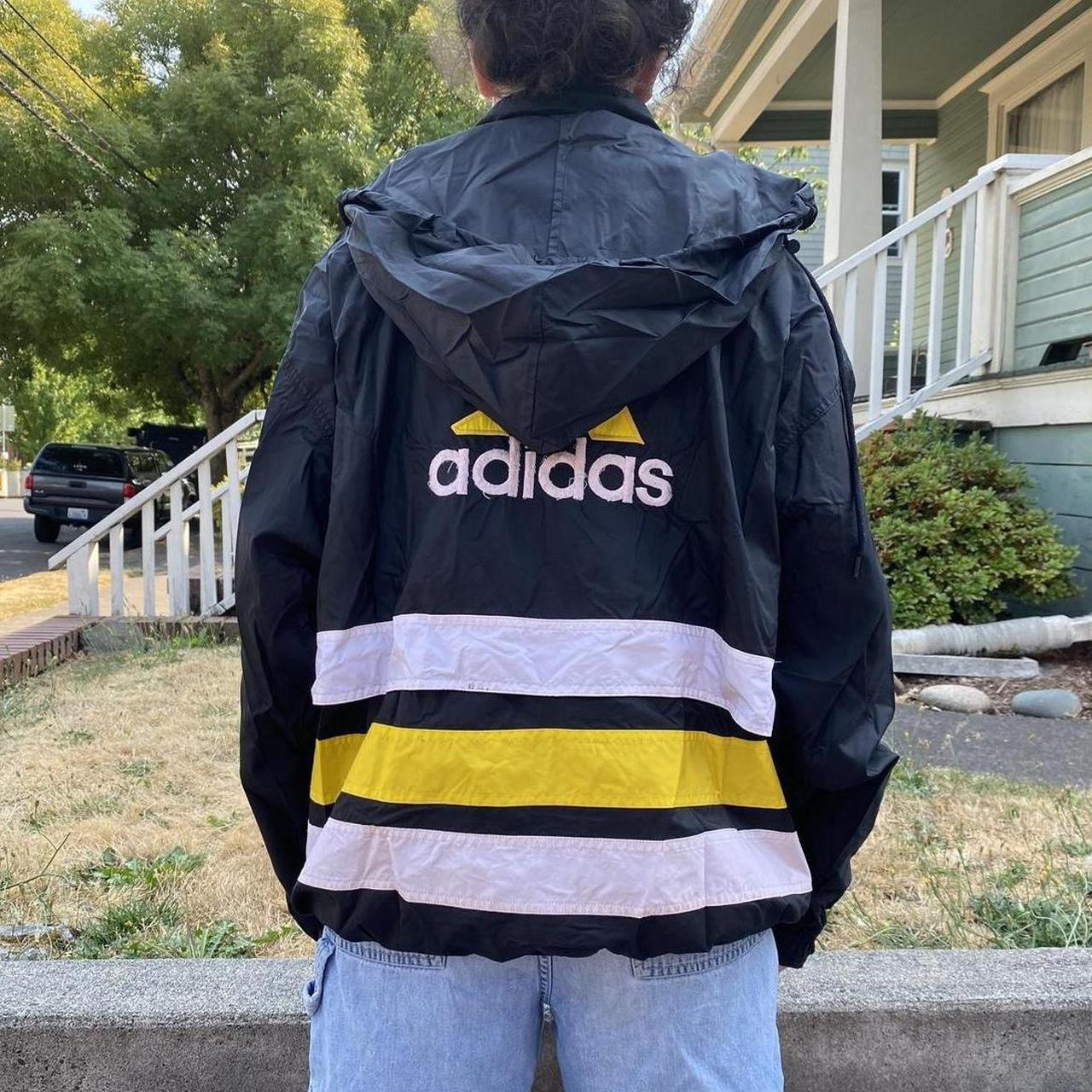 Yellow adidas jacket on sale with black stripes