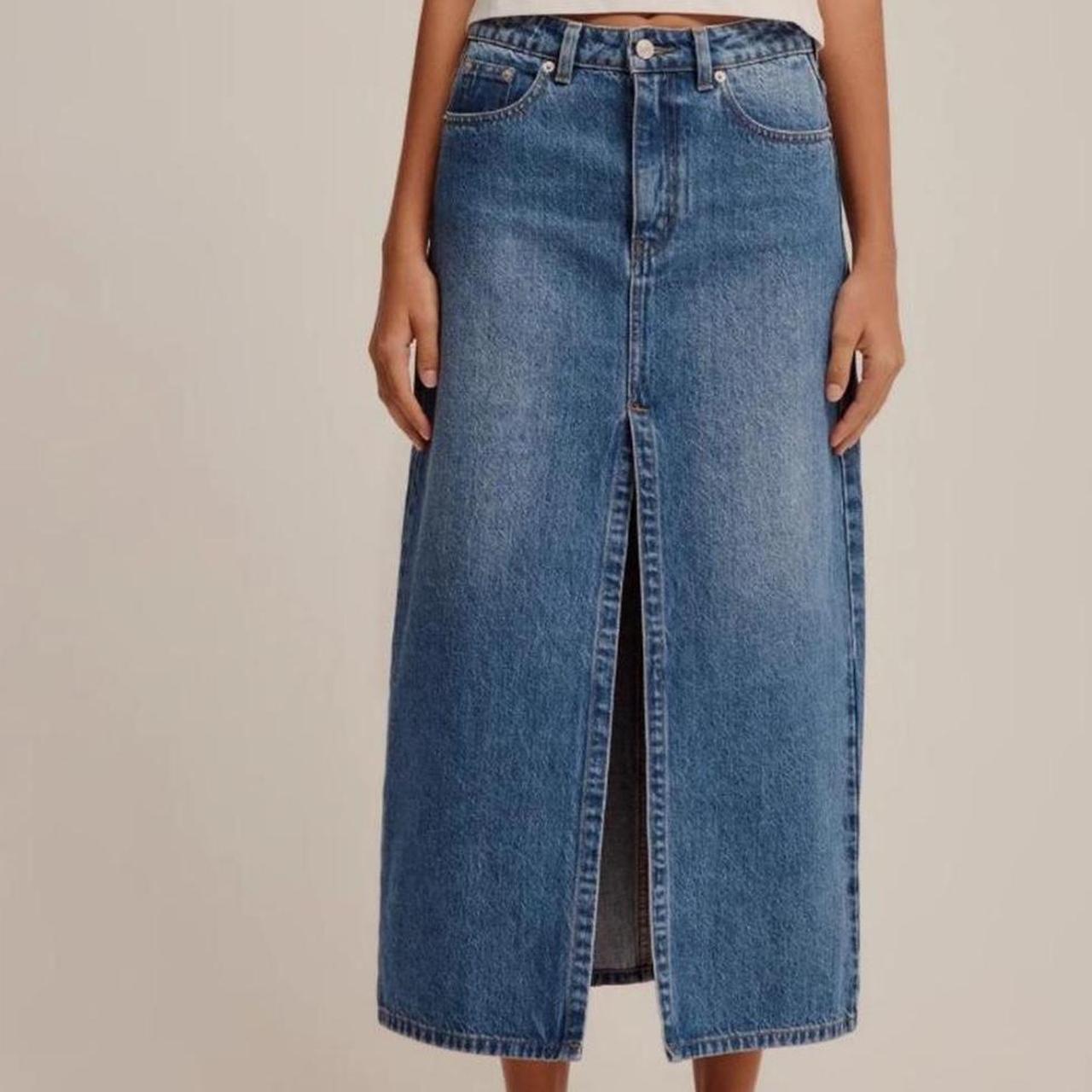 Venroy Denim Midi Skirt Mid Blue Depop