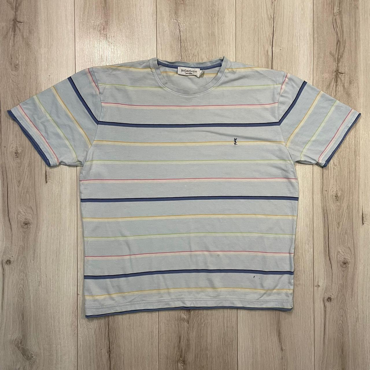 Yves Saint Laurent baby blue striped tee T-shirt YSL... - Depop