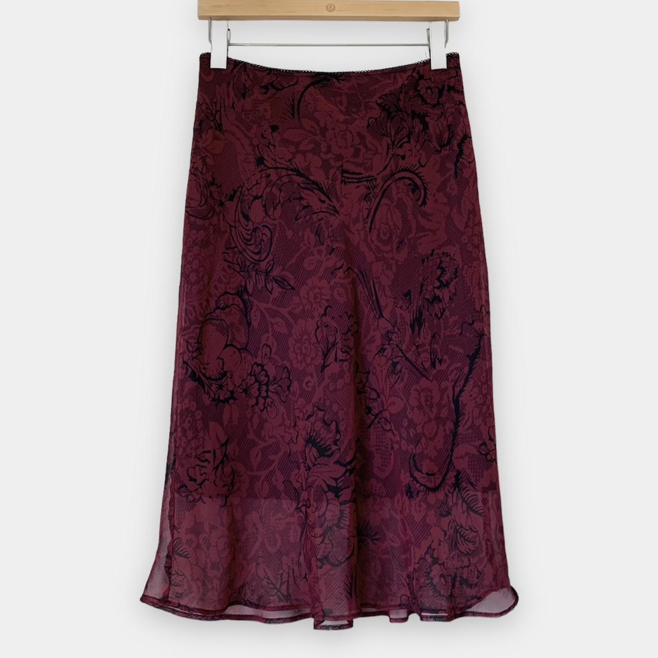 90s Burgundy Sheer Mesh Overlay Midi Skirt. Subtle... - Depop