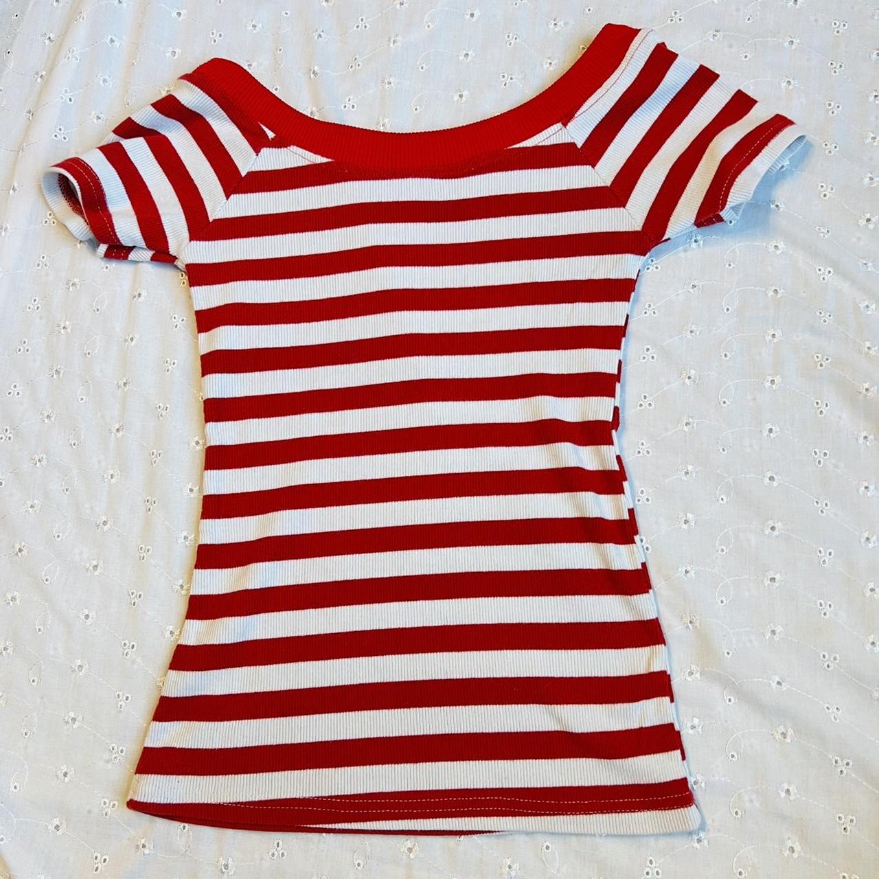 Red and white striped baby tee Fits like an extra... - Depop