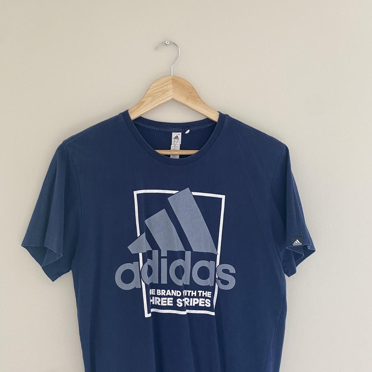 Adidas T-shirt - Printed logo - Navy, white and grey... - Depop