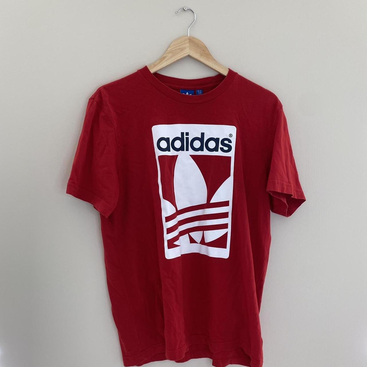 Adidas logo T-shirt - Printed logo - Red and white... - Depop