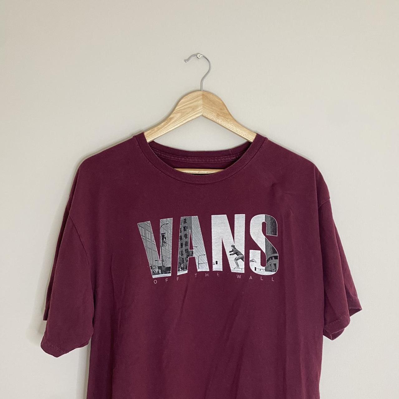Vans T-shirt - Printed logo - Burgundy and grey... - Depop