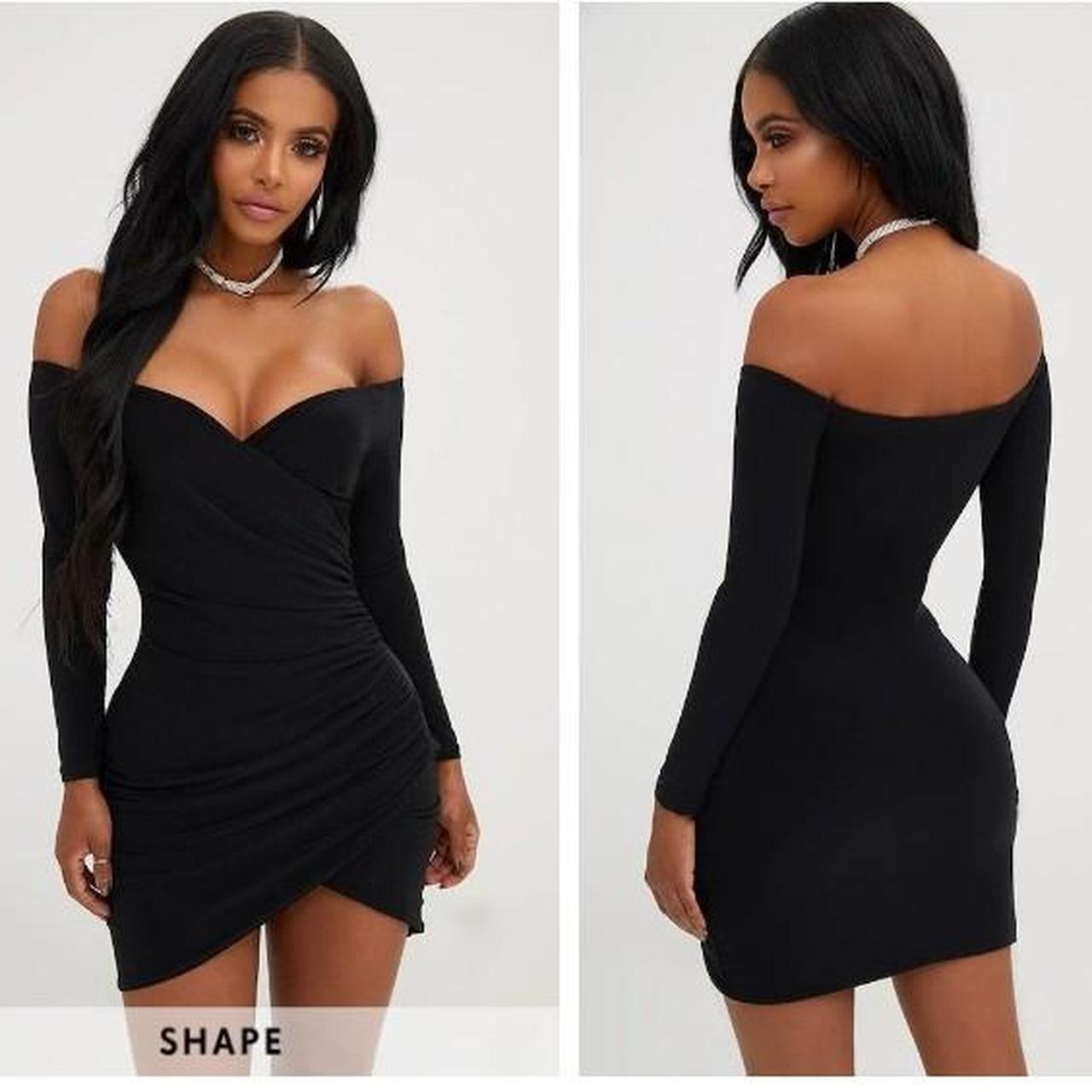 plt black dress shape black ruched Bardot bodycon... - Depop