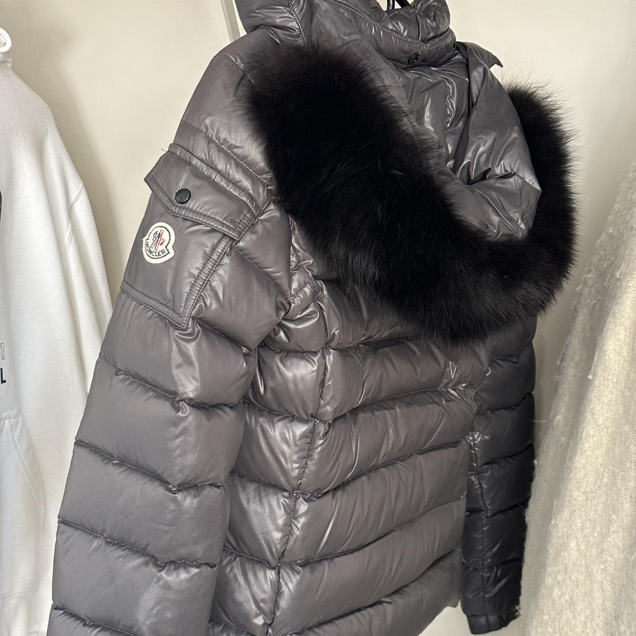 grey moncler puffer coat w/ black fur size: 2 (like... - Depop