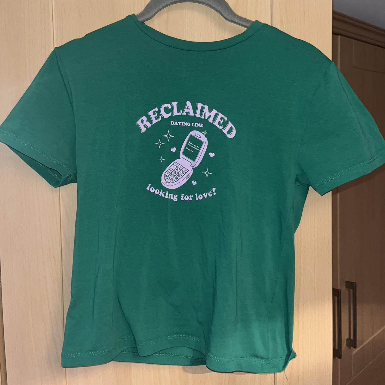 Reclaimed vintage top in green with pink slogan... Depop