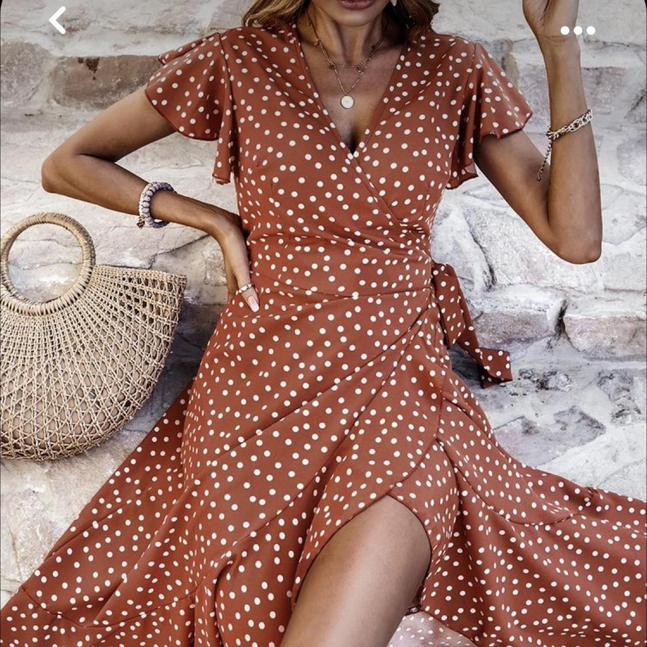 Brown polka dot wrap dress online