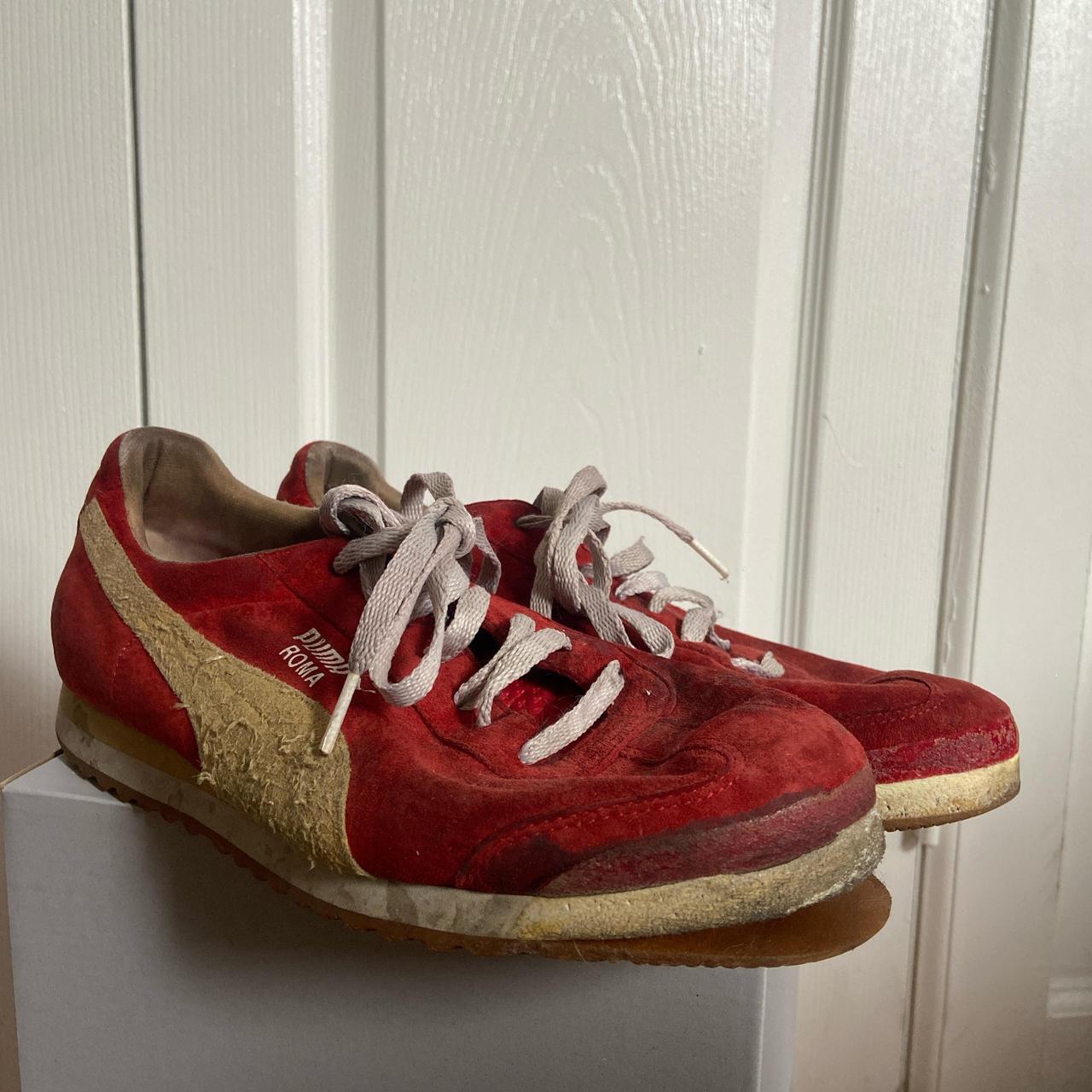 Puma Suede Red Sole Red And Yellow Pumas, (Very Worn Sole Is