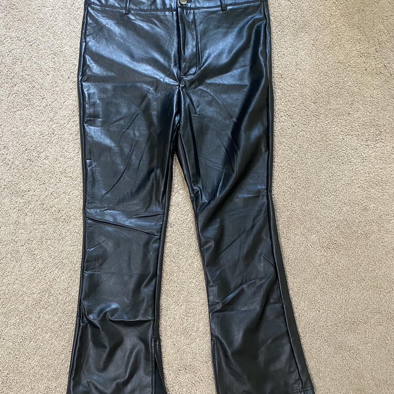faux leather pants, with slits on both ankles of... - Depop